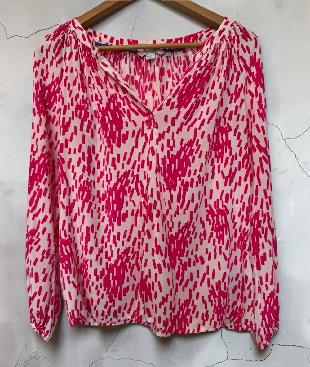 Boden Women's Pink Brushstroke Popover Long Sleeve Blouse Size 4 Top Preppy